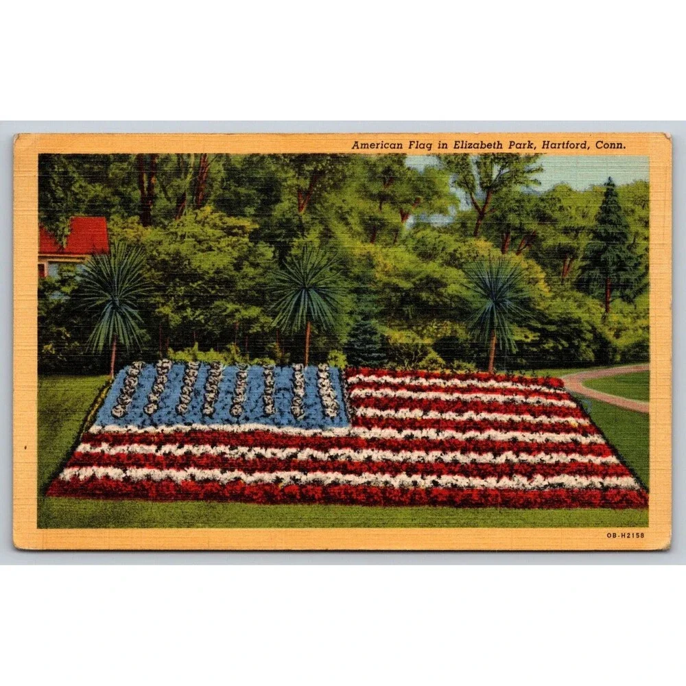 Vintage 1944 Linen Postcard American Flag Flower Bed Elizabeth Park Hartford CT